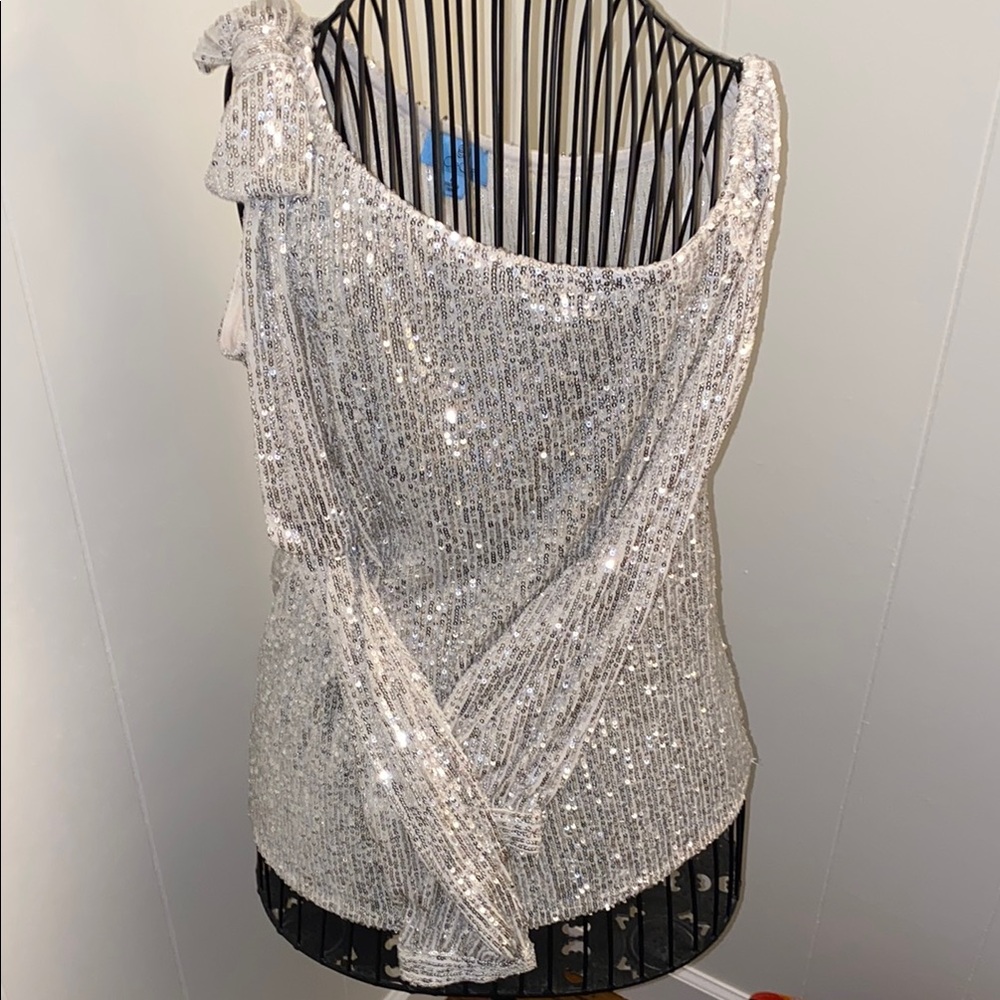 CeCe Silver Asymmetrical Sequin Blouse